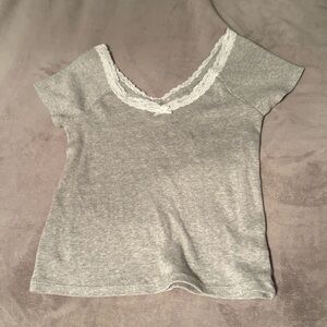 Aeropostale Gray Ribbed Lace-Trim Tee